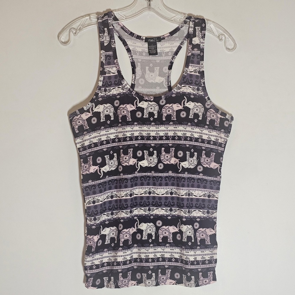 Rue 21 Tank Top Womens Large Purple Elephant Print Racerback Shirt Boho Stretch
